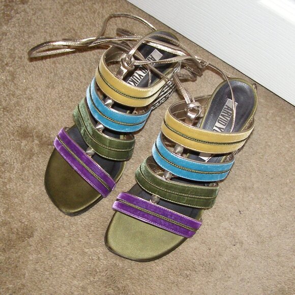size 39 Arvid Yuki Shy Colorful Jewel Tones Velvet and Leather Block Heel Sandal - Picture 5 of 16
